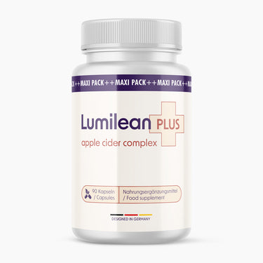 Weiße Kunststoffdose mit violettem Etikett, Aufdruck Lumilean PLUS apple cider complex, 90 Kapseln